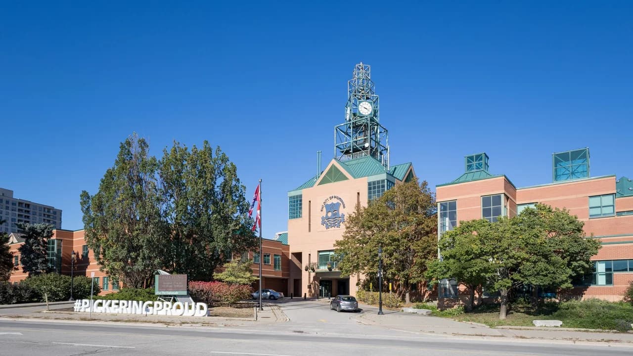 Pickering City Hall exterior; no people present. File photo.