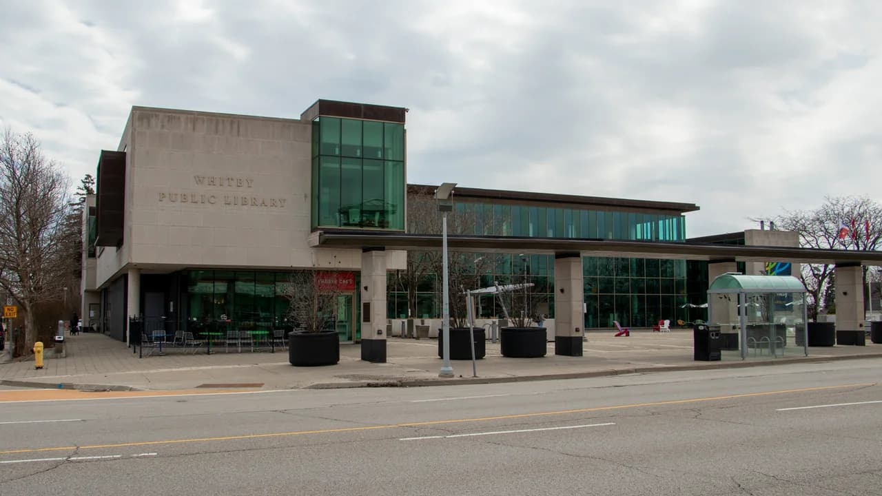 Exterior of the Whitby Public Library Central Library building in Whitby, Ontario; no people identifiable