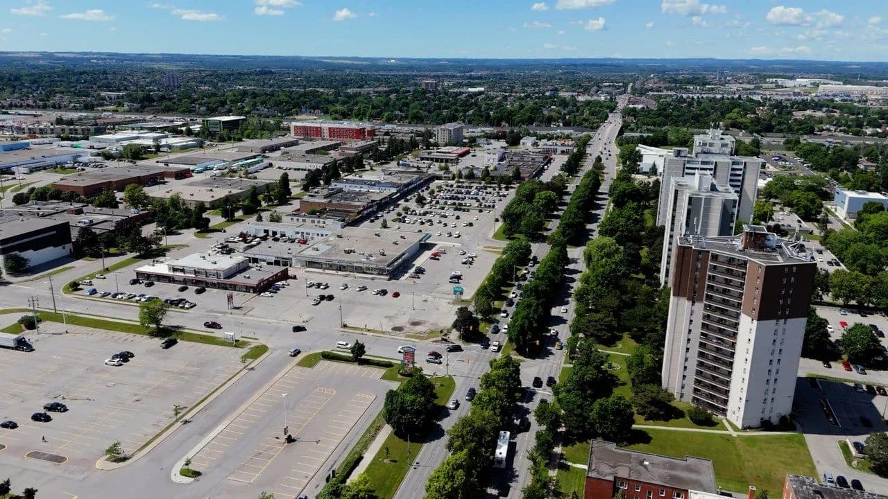 Aerial view of Ajax, Ontario looking northwest along Harwood Avenue; no people visible.