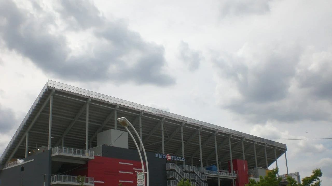 Exterior of BMO Field soccer stadium in Toronto under a cloudy sky; no people visible