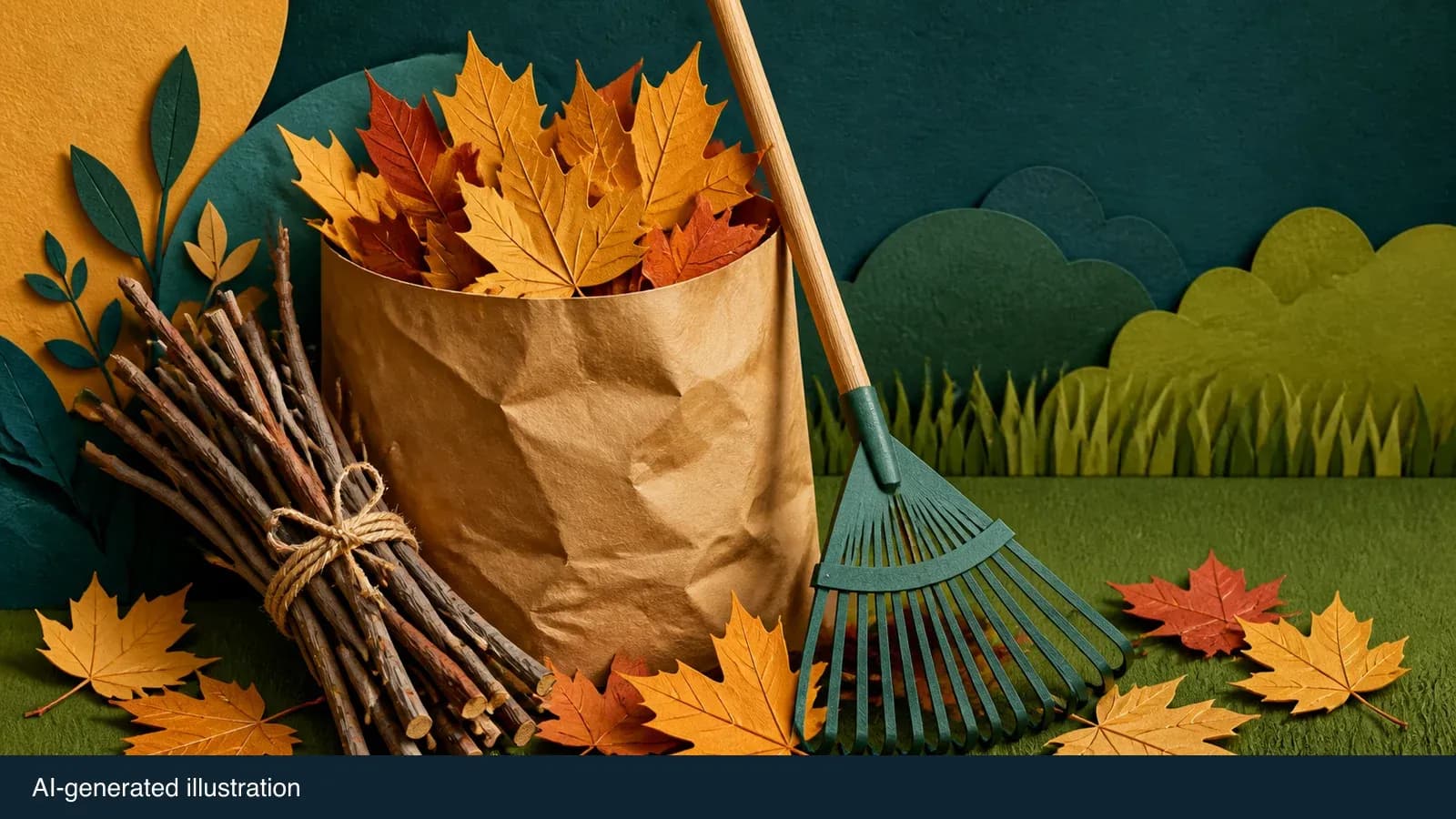 Illustrated yard-waste bag, leaves and tied branches. AI-generated illustration.