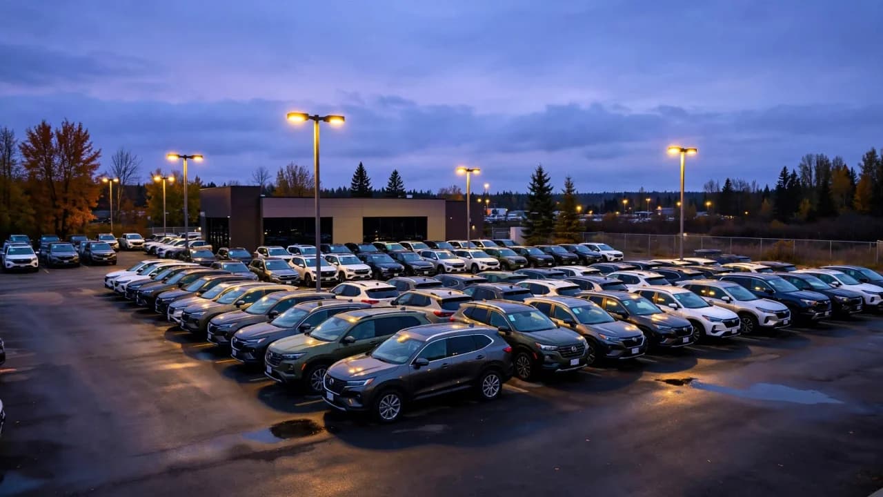 AI-generated illustration of a car dealership lot at dusk