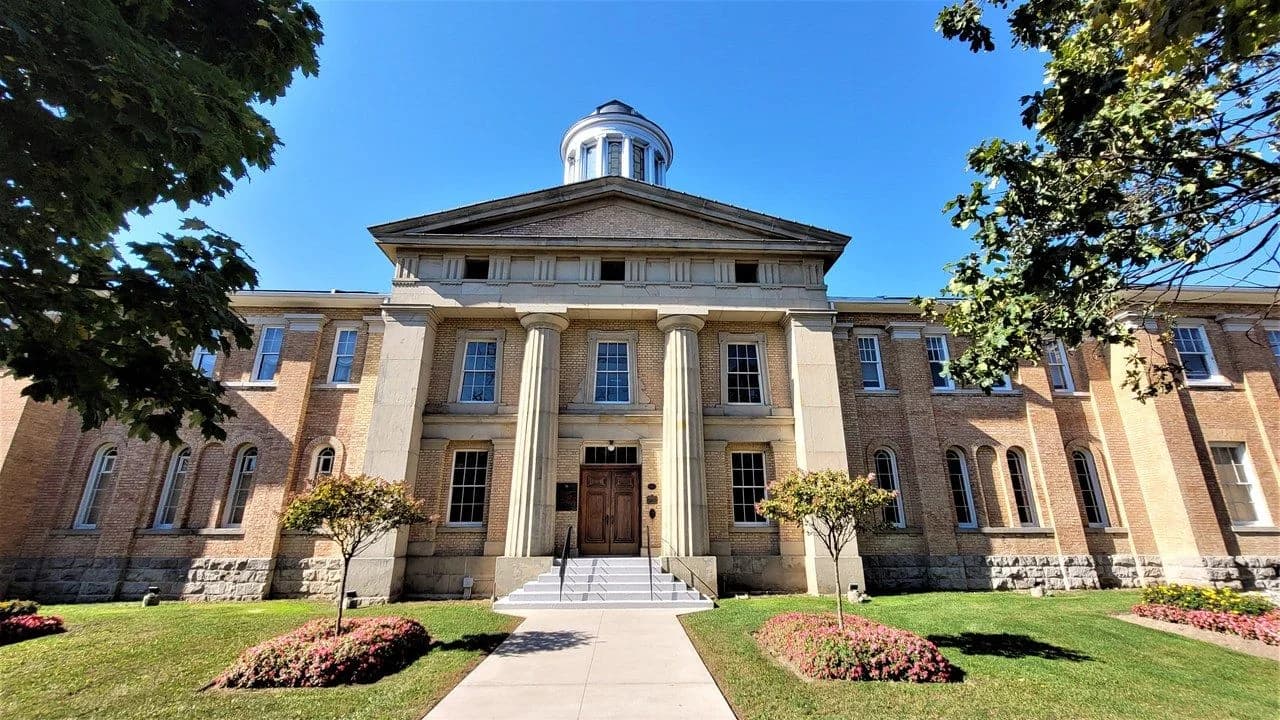 Exterior of the historic Ontario County Court House in Whitby, Ontario; no people visible.