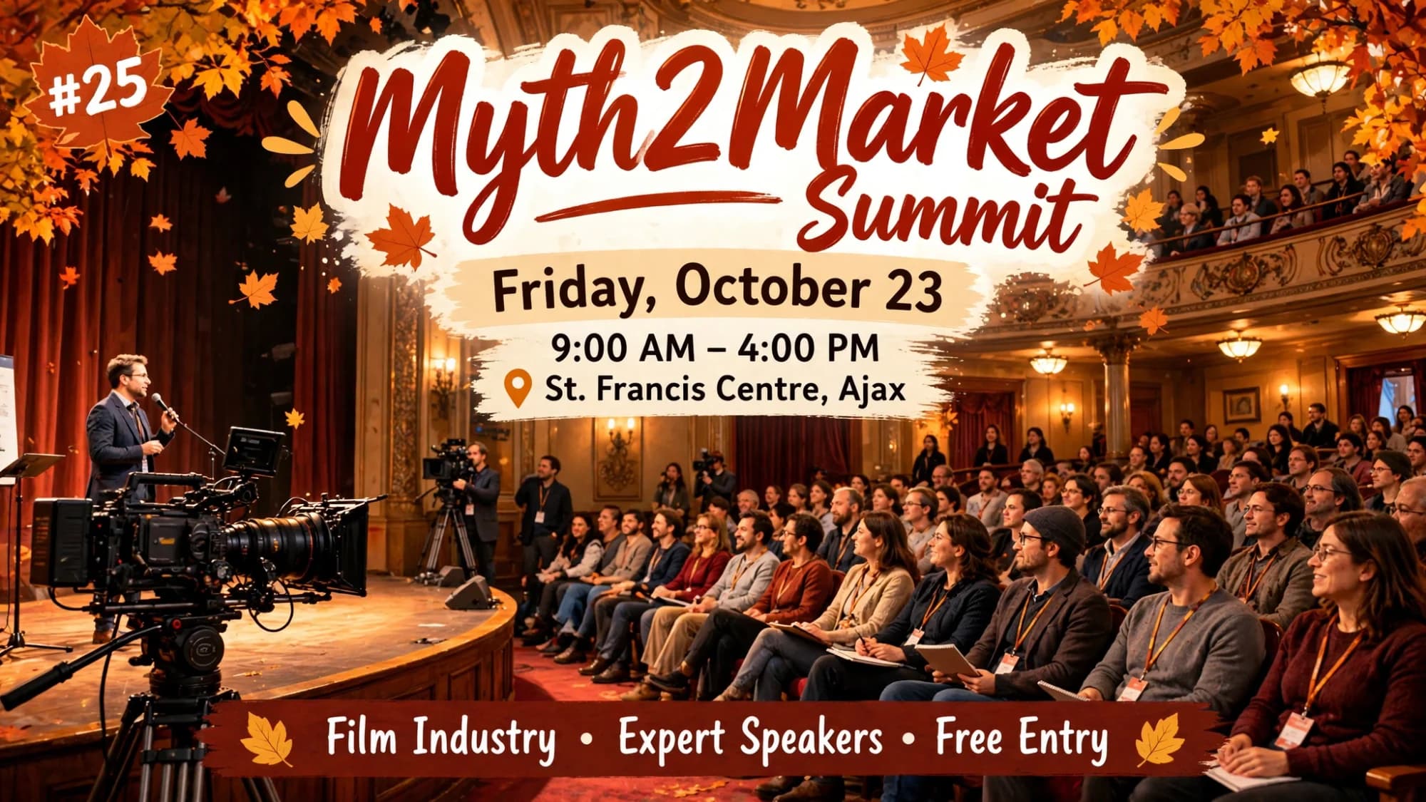 Myth2Market Summit poster: a speaker and cinema camera in an elegant theatre