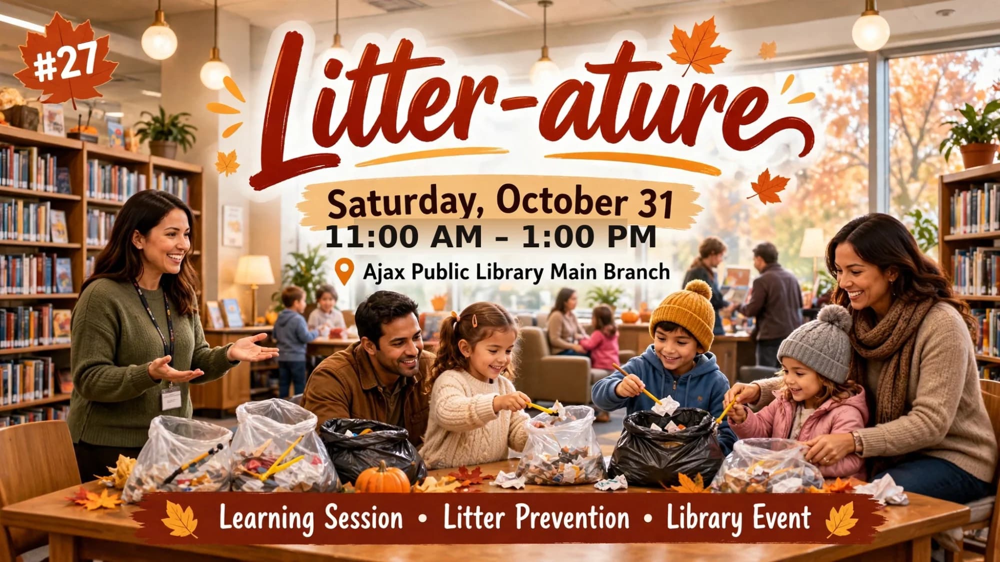 Litter-ature poster: families at a litter-prevention learning session in a library