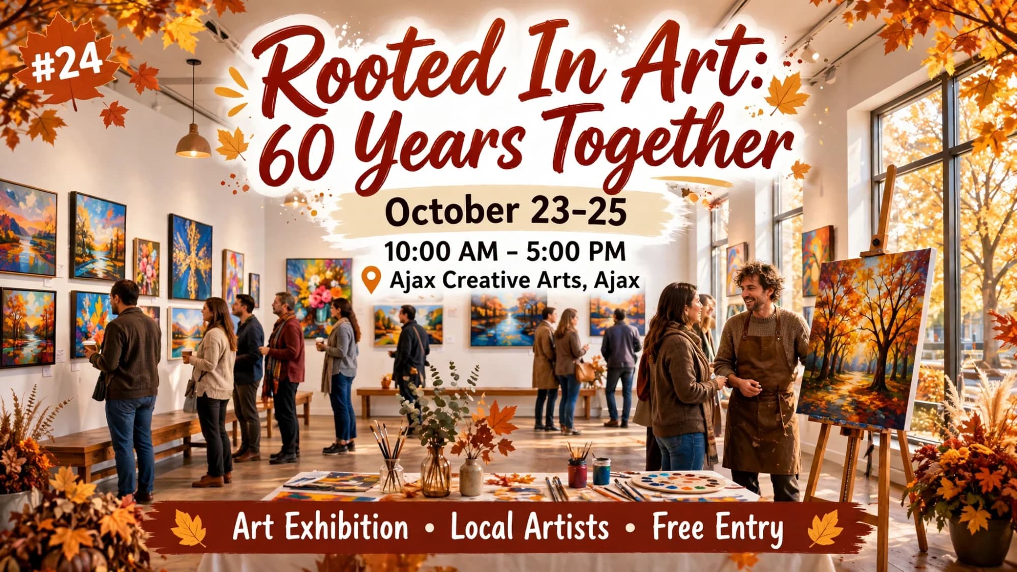 Rooted In Art poster: visitors viewing paintings at a bright gallery exhibition