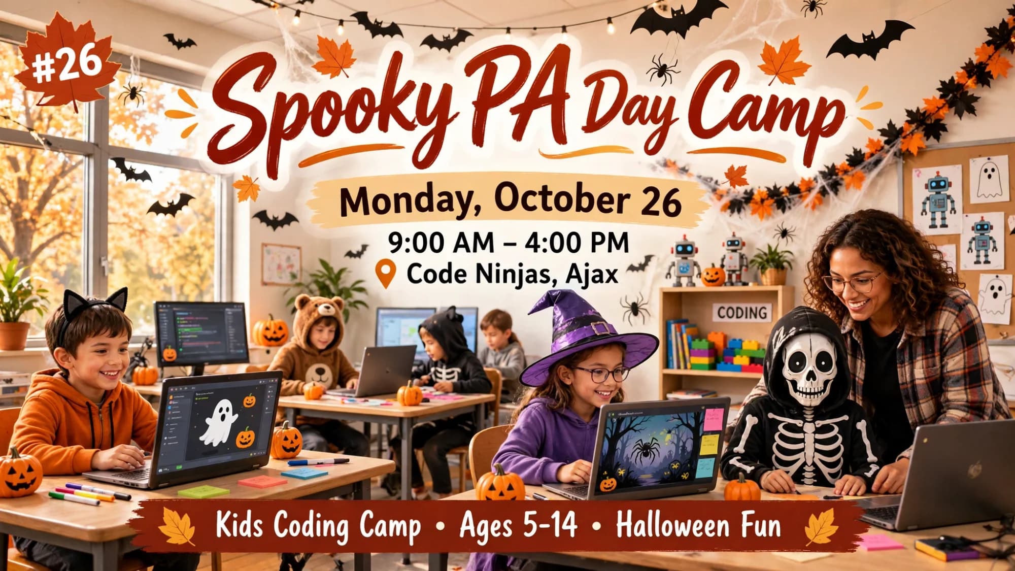 Spooky PA Day Camp poster: kids in costumes coding on laptops with Halloween decorations